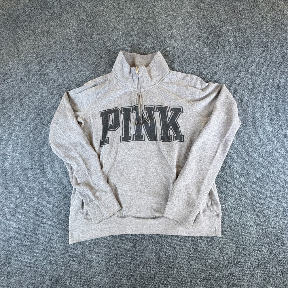 Pink Victoria's Secret Sweatshirt Womens XS Heather Gray Logo Cotton Quarter Zip